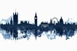  Stylized blue watercolor skyline of London with iconic landmarks and artistic splashes.