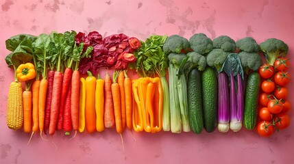 Wall Mural - Freshly harvested vegetables arranged in a vibrant rainbow spectrum