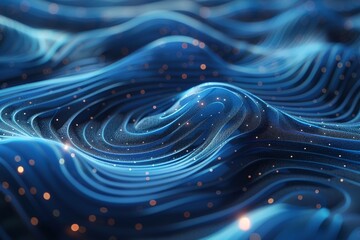 A digital art piece that depicts rolling blue waves peppered with star-like glints, simulating a starry night sky