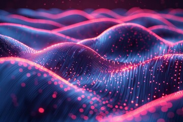 Poster - An artistic digital image showcasing a combination of red and blue waves with glowing particle effects on a dark background