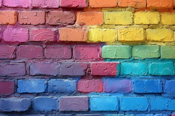Poster - A colorful gradient transitions across weathered bricks, showcasing an array of hues from pinks to blues