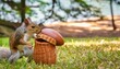 a cartoon art style image of a mischievous squirrel stealing an oversized acorn from a picnic basket