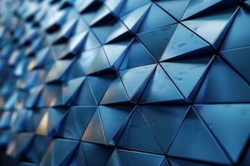 Poster - Abstract image of a textured geometric pattern with reflective blue surfaces and water drops
