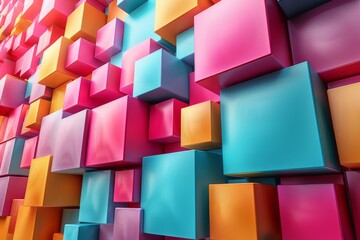 Poster - A playful and vivid geometric pattern of 3D cubes in pink, blue, and purple hues, conveying energy and creativity