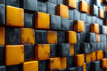 Poster - A sharp image of black and orange 3D cubes with a wet, reflective surface creating a contemporary and edgy abstract pattern
