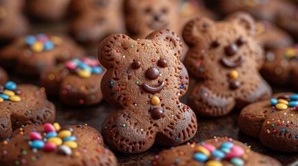 Wall Mural - Teddy bear-shaped chocolate cookies, freshly baked and adorned with colorful sprinkles, offering a sweet treat for little hands and big smiles