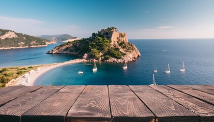 Wall Mural - wooden table on the background of the sea island and the blue sky high quality photo