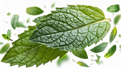 Wall Mural - mint leaf mockup fresh flying green mint leaves lemon balm melissa peppermint isolated on white background with clipping path cut out mint leaf texture pattern spearmint herbs