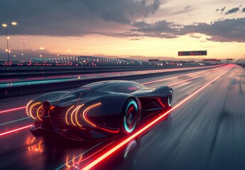 Wall Mural - Futuristic supercar speeds on advanced highway with trail lights. 