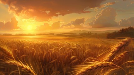 Wall Mural - As the sun sets over the wheat fields in the rural countryside envision a tranquil and unplugged scene basking in the warm summer sunlight