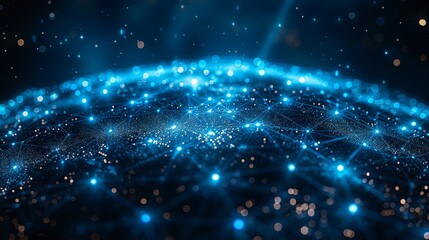 Poster - Futuristic technology background with light effect of communication technology global world network. Connection lines around the earth glob. Motion of digital data flow.