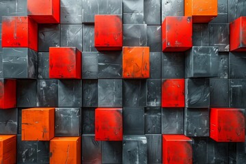 Poster - Eye-catching image of vibrant red squares protruding from a dark, textured wall simulating a tough and edgy feel