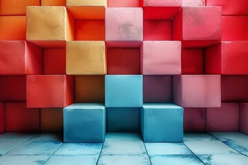 Poster - Vibrant multicolored 3D cubes create a geometric pattern, providing a modern, abstract background ideal for design concepts