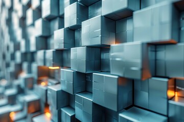 Poster - Cool blue-grey 3D cubes intricately stacked with selective warm lighting for a sophisticated look