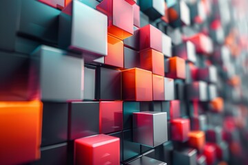 Poster - The image showcases a sleek 3D render of glossy cubes neatly organized in a grid, reflecting light and shadows