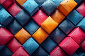 Poster - An energizing pattern of textured diamonds and cubes in brilliant reds, blues, and purples for a lively background