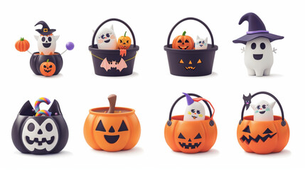 Wall Mural - Halloween bucket with sweets. Trick or treat. Pumpkin buckets with candies, cat pack with lollipop, dessert inside skull bag, party ghost basket. Kids treat. 3D avatars set vector icon, white backgrou