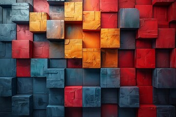 Poster - Striking image of a 3D render with an arrangement of red and blue blocks creating a sense of movement