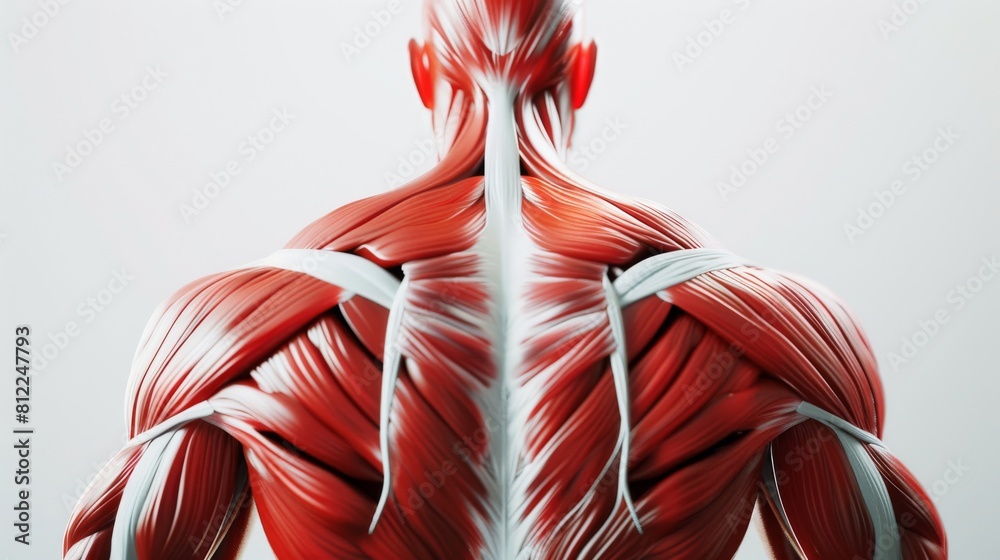 3D realistic illustration of the back muscular system on a white ...