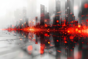 Poster - An abstract cityscape is transformed by a red data stream effect, symbolizing connectivity and the flow of information