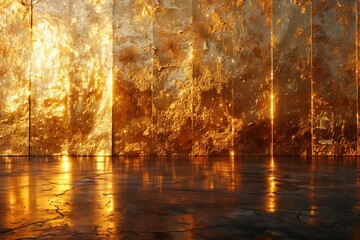 Poster - This image showcases a golden textured surface brilliantly reflecting warm sunset rays, ideal for luxurious backgrounds