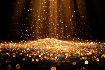 Poster - A pile of golden, sparkling particles on a dark background, creating a magical, dreamy atmosphere