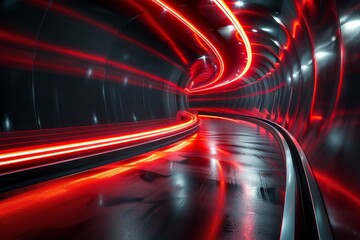 Poster - An abstract red tunnel with dynamic light streaks creating a sense of motion and speed, perfect for technology themes