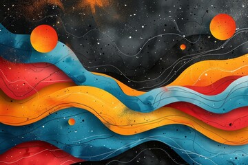 Poster - This vibrant abstract composition features waves and celestial bodies, merging art with cosmic themes