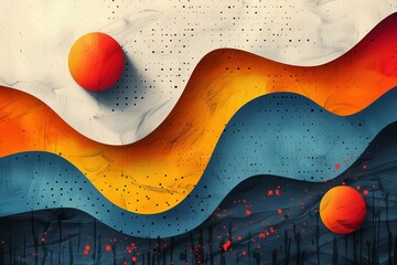 Poster - Artistic rendition with flowing shapes in warm tones and contrasting splattered paint detail, featuring spheres that add depth