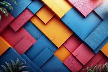 Poster - The image features a vibrant, geometric pattern created by colorful, textured tiles resembling a modern art piece
