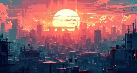 Poster - epic sunset over the city skyline, synthwave