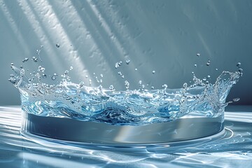 Poster - High-resolution image depicting a dynamic splash of water on a circular platform, illuminated by sunlight creating a refreshing and clean visual effect