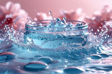 Poster - this image captures a water splash around a circular dish in a rosy environment with a blurred block