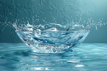 Poster - crisp and detailed image of water splashing in a clear bowl, surrounded by ripples and air bubbles, 