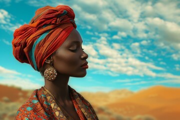 Sticker - Elegant african woman in colorful attire posing peacefully with a desert backdrop