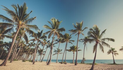 Wall Mural - summer beach background palm trees against blue sky banner panorama travel destination tropical beach background with palm trees silhouette at sunset vintage effect meditation peaceful nature view