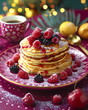 Frühstück mit Eierkuchen und Kaffe / Pancakes mit Beeren / Lecker Pfannkuchen Poster / Pancake Design / Eierkuchen Poster / Ai-Ki generiert