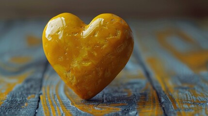 Poster - A heart shaped object on a wooden table with some liquid, AI