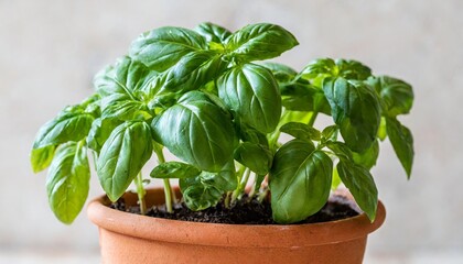 Wall Mural - isolated of basil potted in terracotta plant pot front view