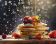 Pancakes mit Früchten / Eierkuchen mit frischen Beeren / Pfannkuchen Wallpaper / Lecker Pancakes Poster / Ki-Ai generiert