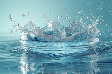 Poster - clear, dynamic water splashing with droplets suspended in air on a calming blue background, showing 