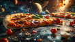 Pizza Space Design / Pizza im All Poster / Pizza Action Wallpaper / Pizza Hintergrundbild / Ai-Ki generiert