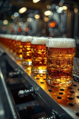 Canvas Print - A row of glasses on a conveyor belt with beer in them, AI