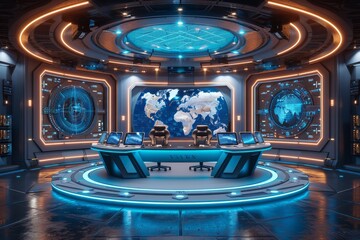 Poster - A visually striking command center featuring a holographic globe in a futuristic setting