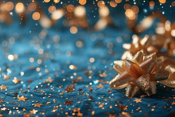 Poster - A festive golden bow surrounded by glitter and star-shaped sparkles on a vibrant blue background, symbolizing celebration