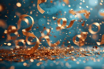 Poster - Golden streamers and confetti frozen mid-air against a blue backdrop, creating an atmosphere of celebration and excitement