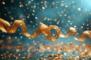 Poster - Lively image of sparkling golden confetti and swirling ribbons against a vibrant blue background, suggesting celebration