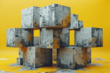 Poster - Modern artistic installation featuring geometric concrete blocks arranged in a unique structural form against yellow
