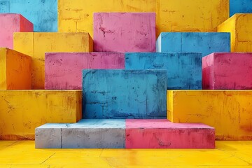 Poster - Vibrant image of colorful geometric blocks artfully arranged against a backdrop of yellow and blue walls in an urban setting