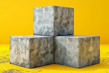Poster - A trio of geometric concrete blocks on a yellow backdrop demonstrates the interaction of man-made objects with colorful environments
